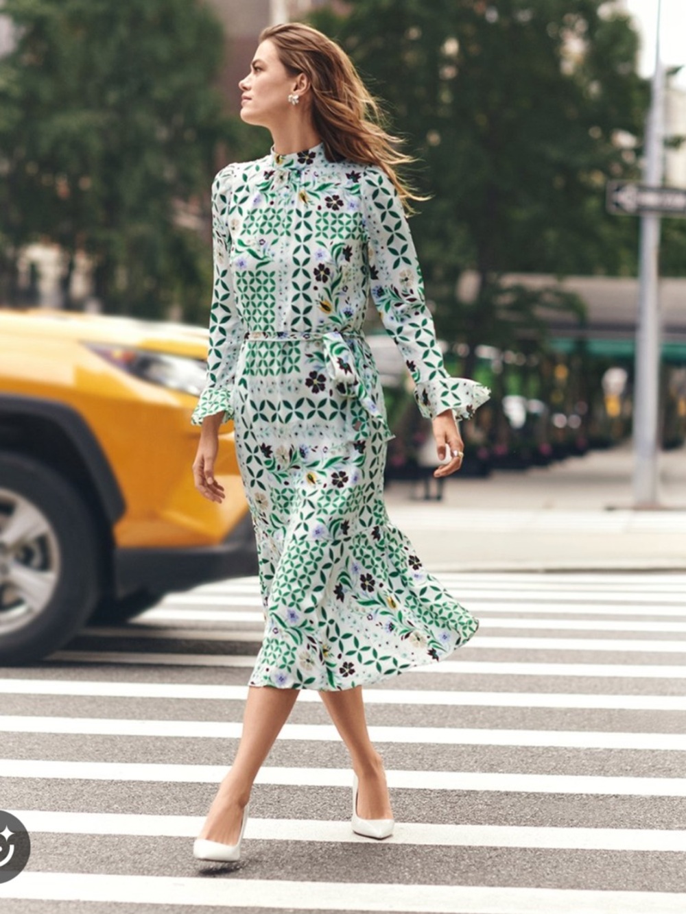 Ann Taylor Green Floral Pattern Midi Dress with Tie Waist 6